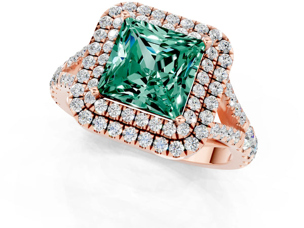 Rose gold Double Halo Princess Cut Green Sapphire Split Shank Engagement Ring with Four-Prong Setting