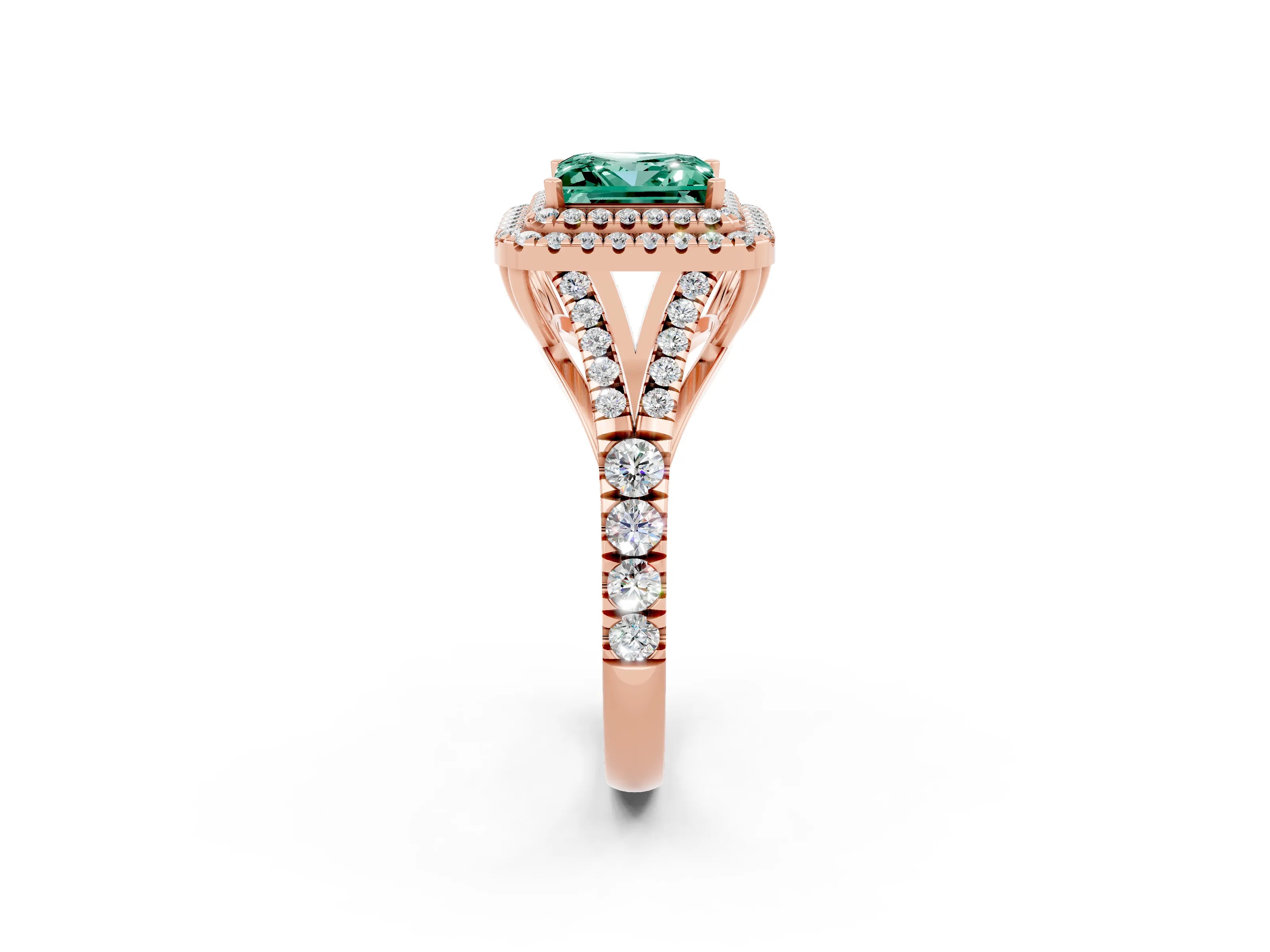 Rose gold Double Halo Princess Cut Green Sapphire Split Shank Engagement Ring with Four-Prong Setting_2