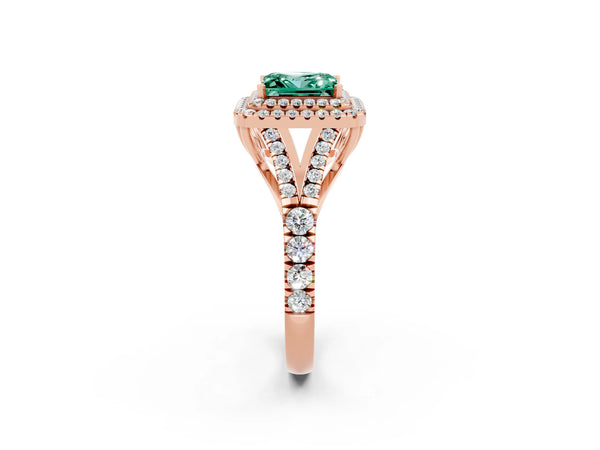 Rose gold Double Halo Princess Cut Green Sapphire Split Shank Engagement Ring with Four-Prong Setting