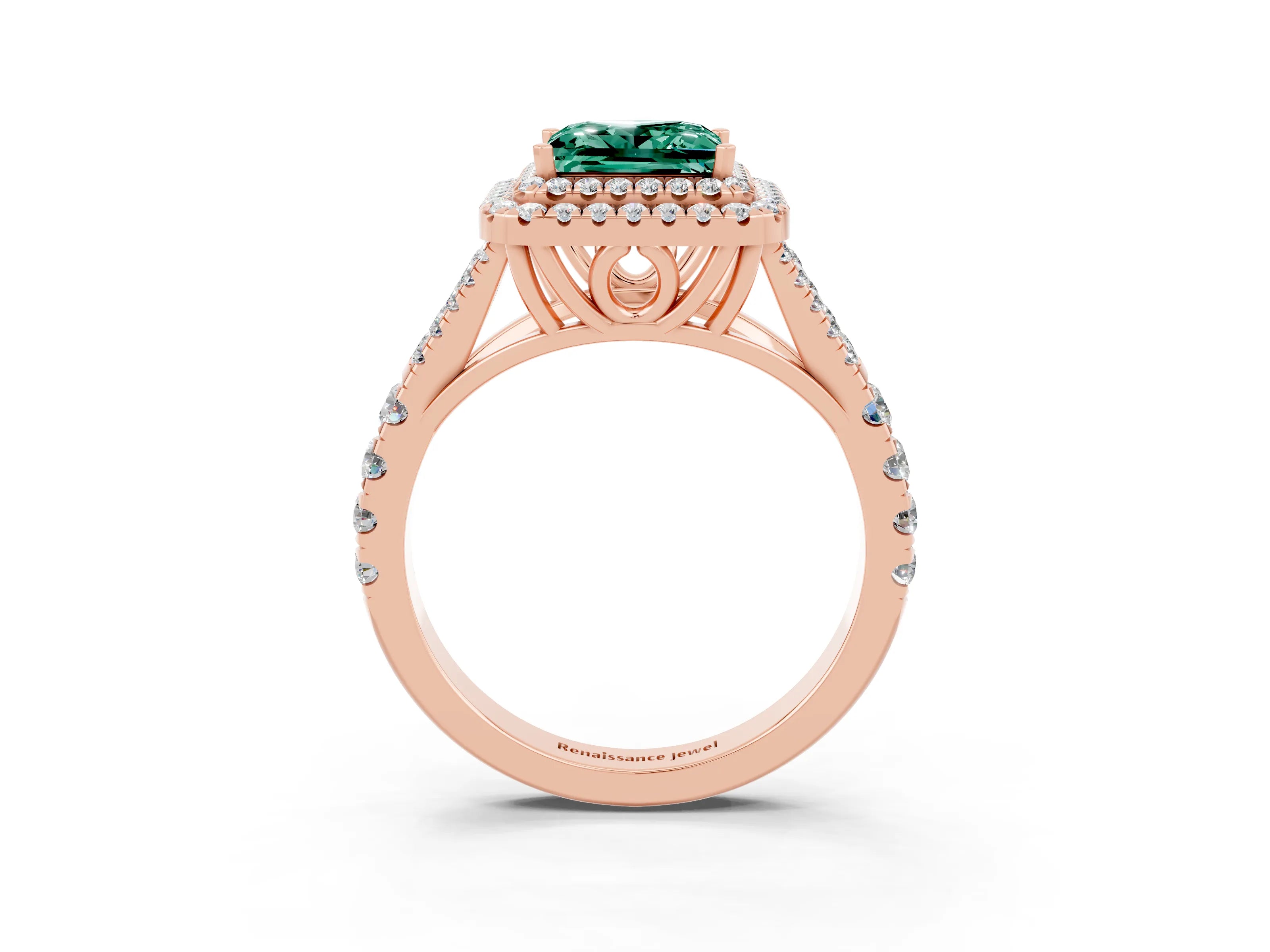 Rose gold Double Halo Princess Cut Green Sapphire Split Shank Engagement Ring with Four-Prong Setting_3
