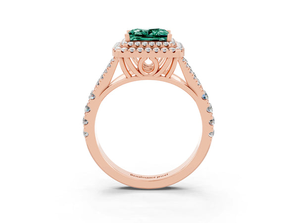 Rose gold Double Halo Princess Cut Green Sapphire Split Shank Engagement Ring with Four-Prong Setting