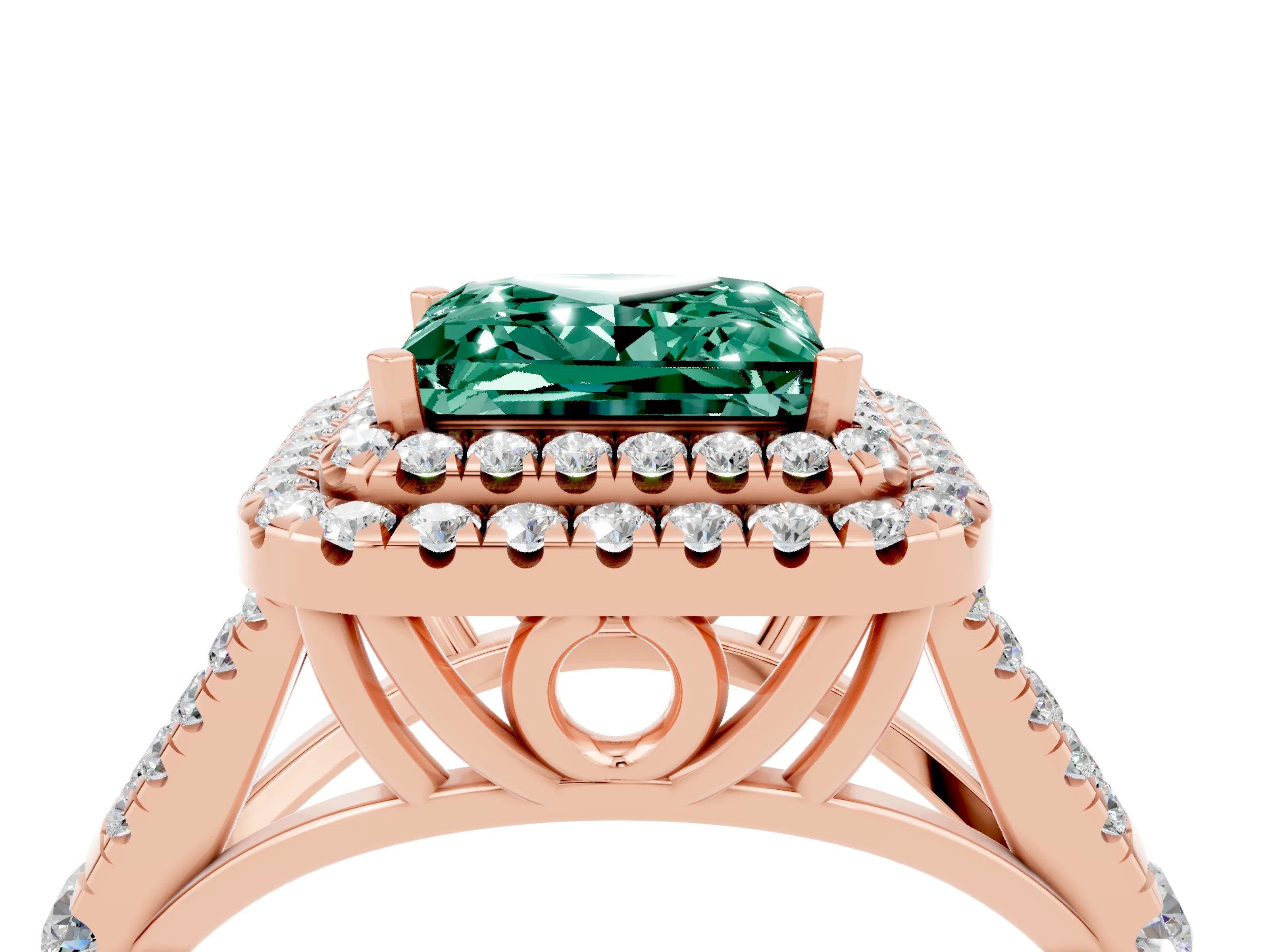 Rose gold Double Halo Princess Cut Green Sapphire Split Shank Engagement Ring with Four-Prong Setting_4