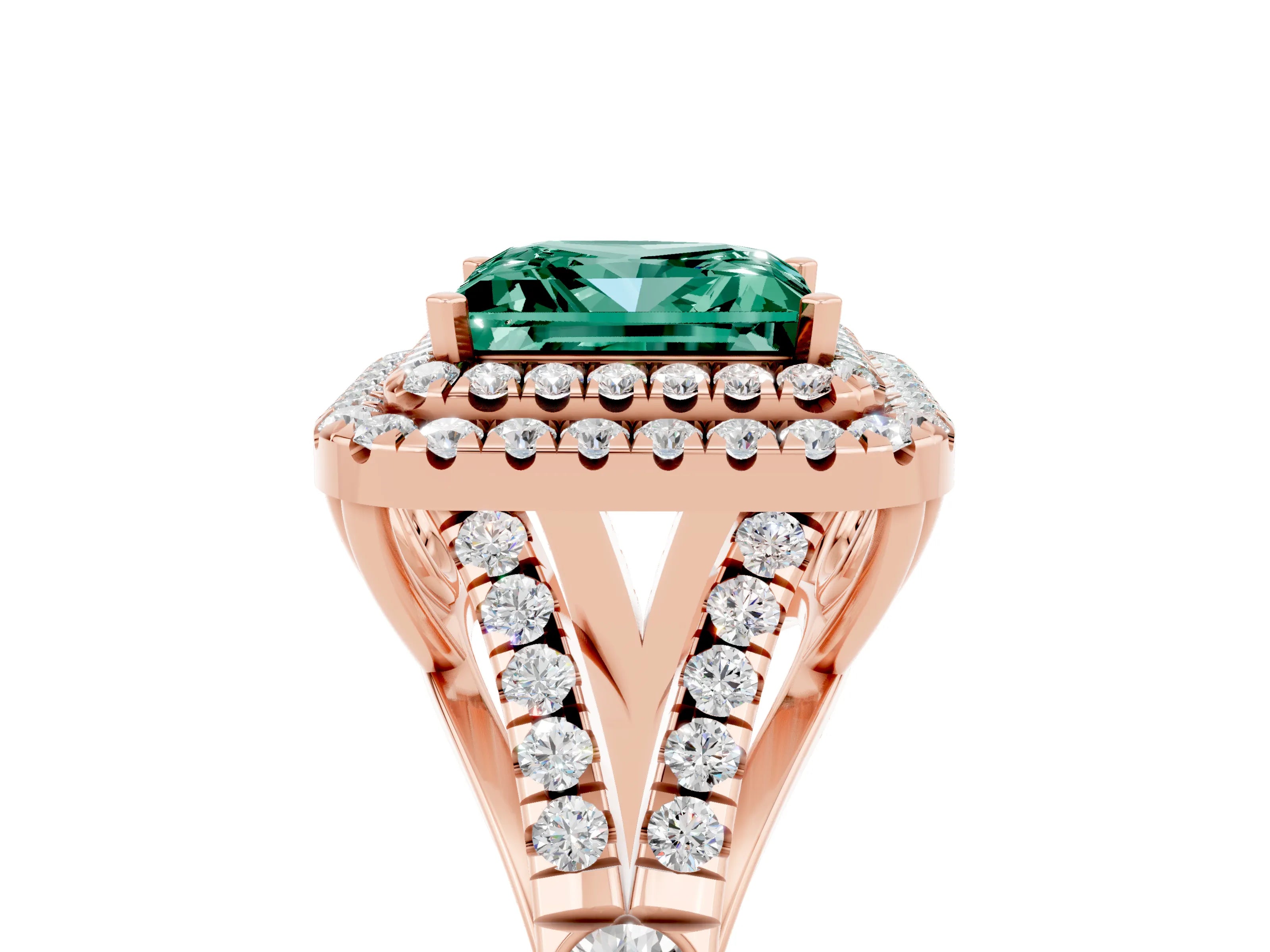 Rose gold Double Halo Princess Cut Green Sapphire Split Shank Engagement Ring with Four-Prong Setting_5