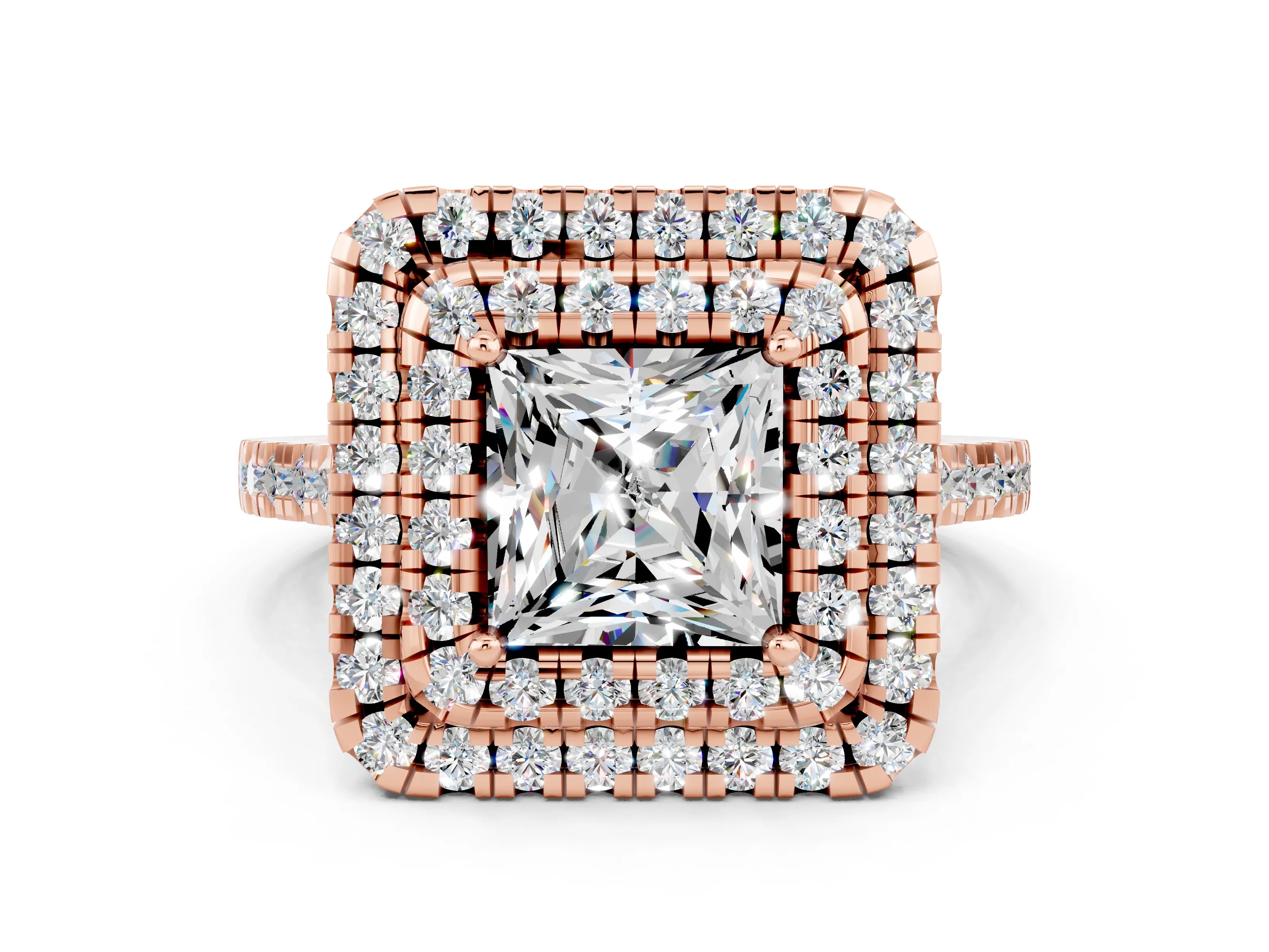 Rose gold Double Halo Princess Cut Moissanite Pavé Band with Four-Prong Setting