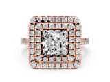 Rose gold Double Halo Princess Cut Moissanite Pavé Band with Four-Prong Setting