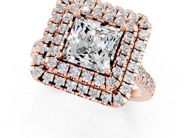 Rose gold Double Halo Princess Cut Moissanite Pavé Band with Four-Prong Setting
