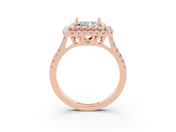 Rose gold Double Halo Princess Cut Moissanite Pavé Band with Four-Prong Setting