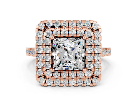Rose gold Double Halo Princess Cut Moissanite Pavé Band with Four-Prong Setting