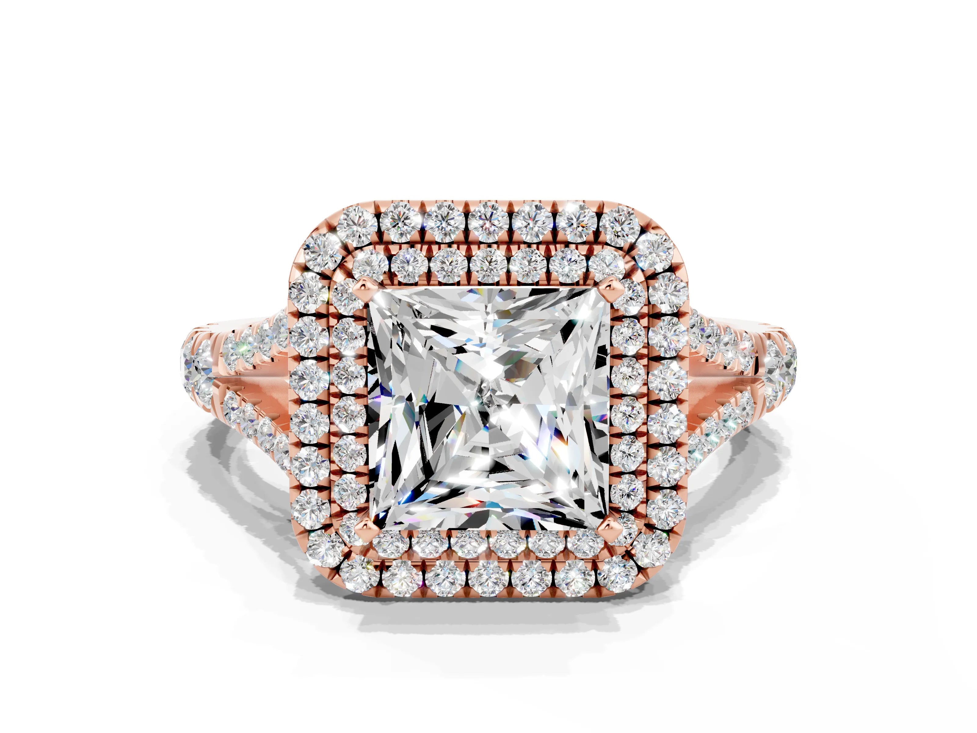 Rose gold Double Halo Princess Cut Moissanite Pavé Split Shank Ring with Prong Setting