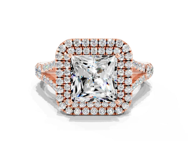 Rose gold Double Halo Princess Cut Moissanite Pavé Split Shank Ring with Prong Setting