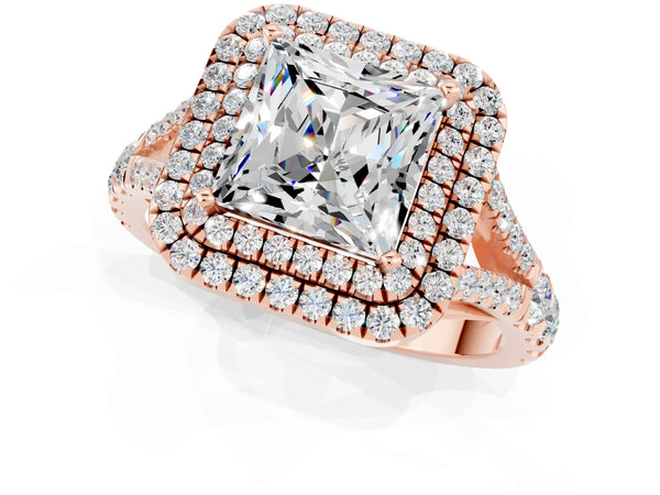 Rose gold Double Halo Princess Cut Moissanite Pavé Split Shank Ring with Prong Setting