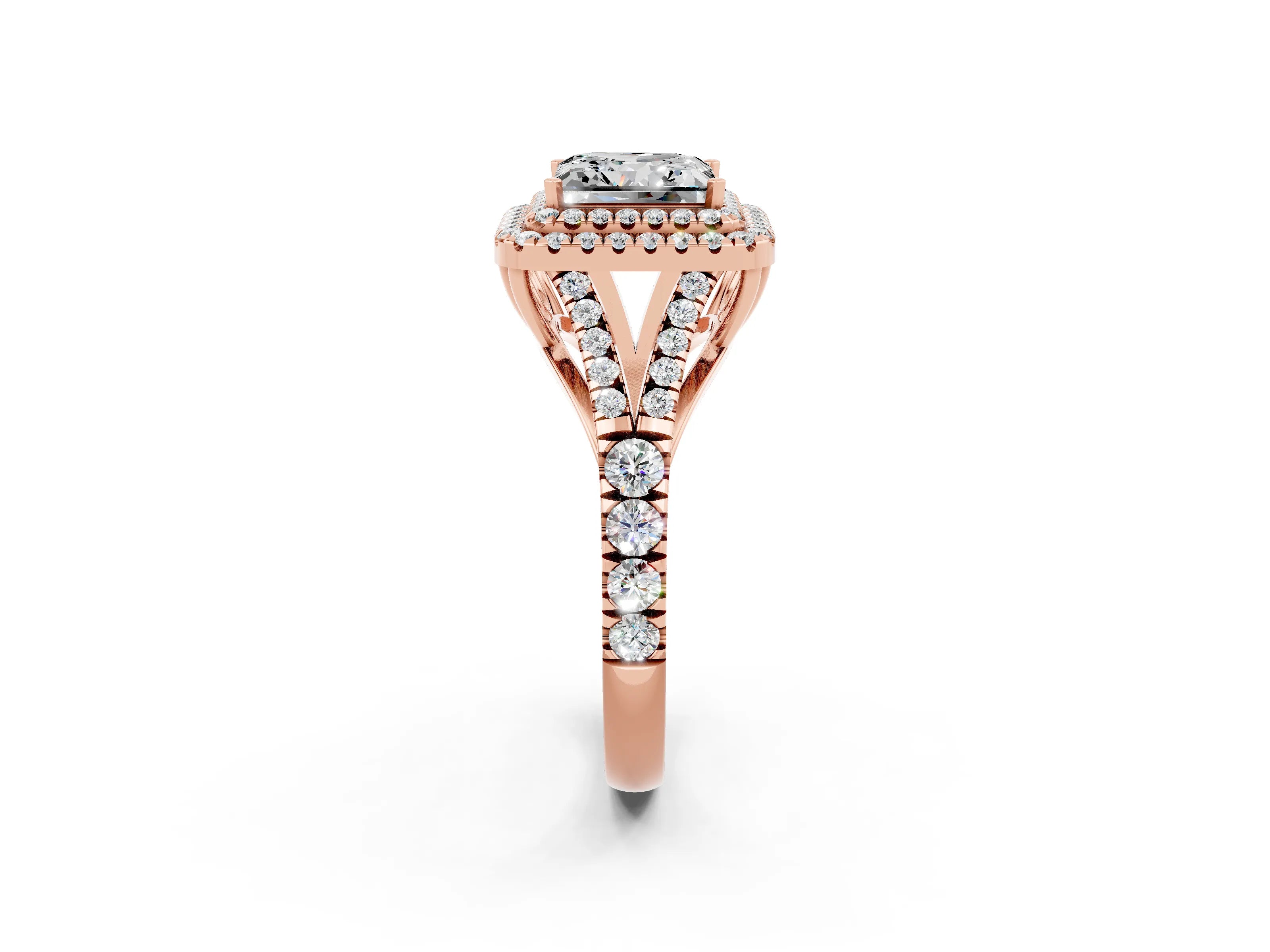 Rose gold Double Halo Princess Cut Moissanite Pavé Split Shank Ring with Prong Setting_2