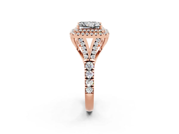 Rose gold Double Halo Princess Cut Moissanite Pavé Split Shank Ring with Prong Setting