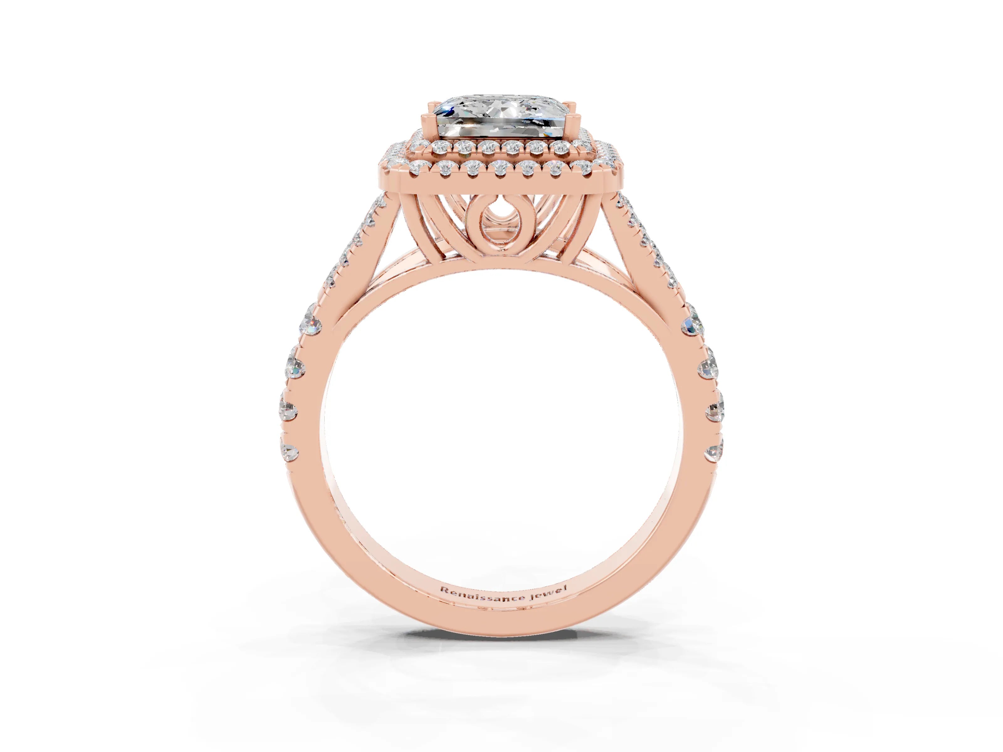 Rose gold Double Halo Princess Cut Moissanite Pavé Split Shank Ring with Prong Setting_3
