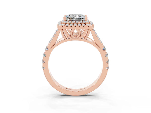 Rose gold Double Halo Princess Cut Moissanite Pavé Split Shank Ring with Prong Setting