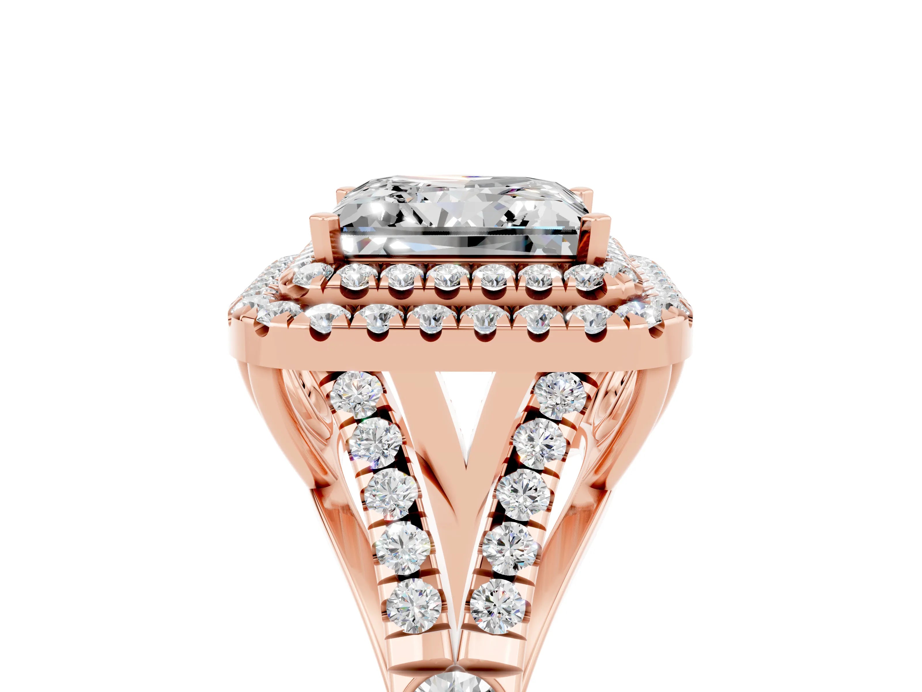 Rose gold Double Halo Princess Cut Moissanite Pavé Split Shank Ring with Prong Setting_5