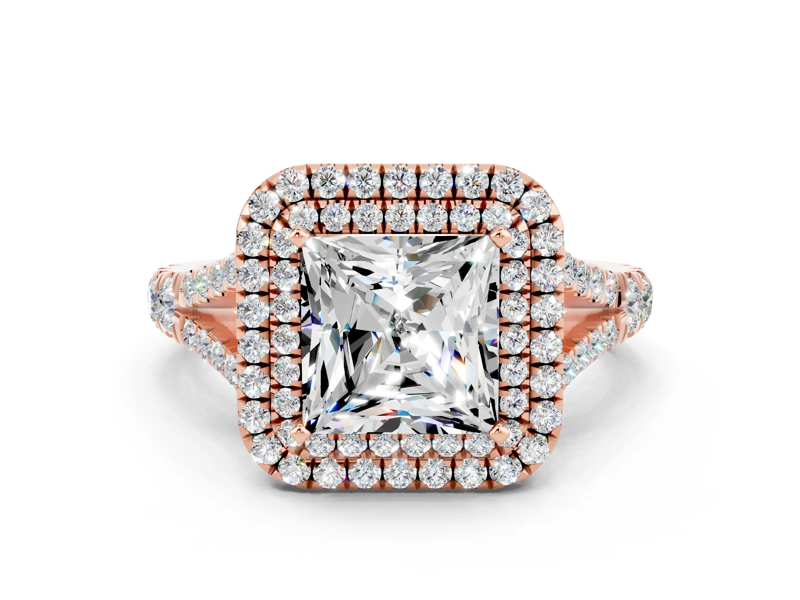 Rose gold Double Halo Princess Cut Moissanite Split Shank Engagement Ring with Four-Prong Setting