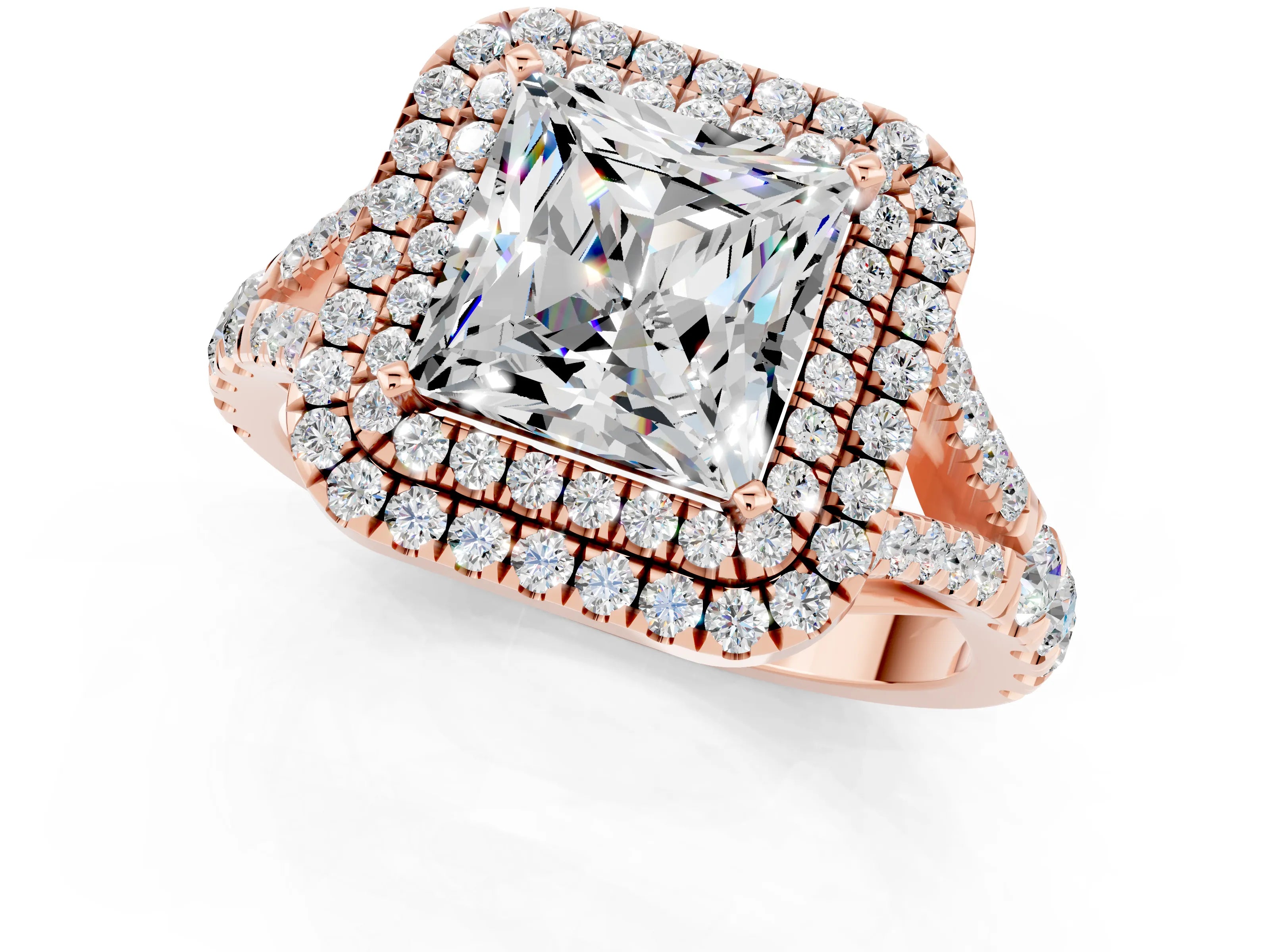 Rose gold Double Halo Princess Cut Moissanite Split Shank Engagement Ring with Four-Prong Setting_1