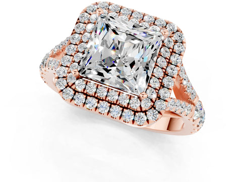 Rose gold Double Halo Princess Cut Moissanite Split Shank Engagement Ring with Four-Prong Setting_1