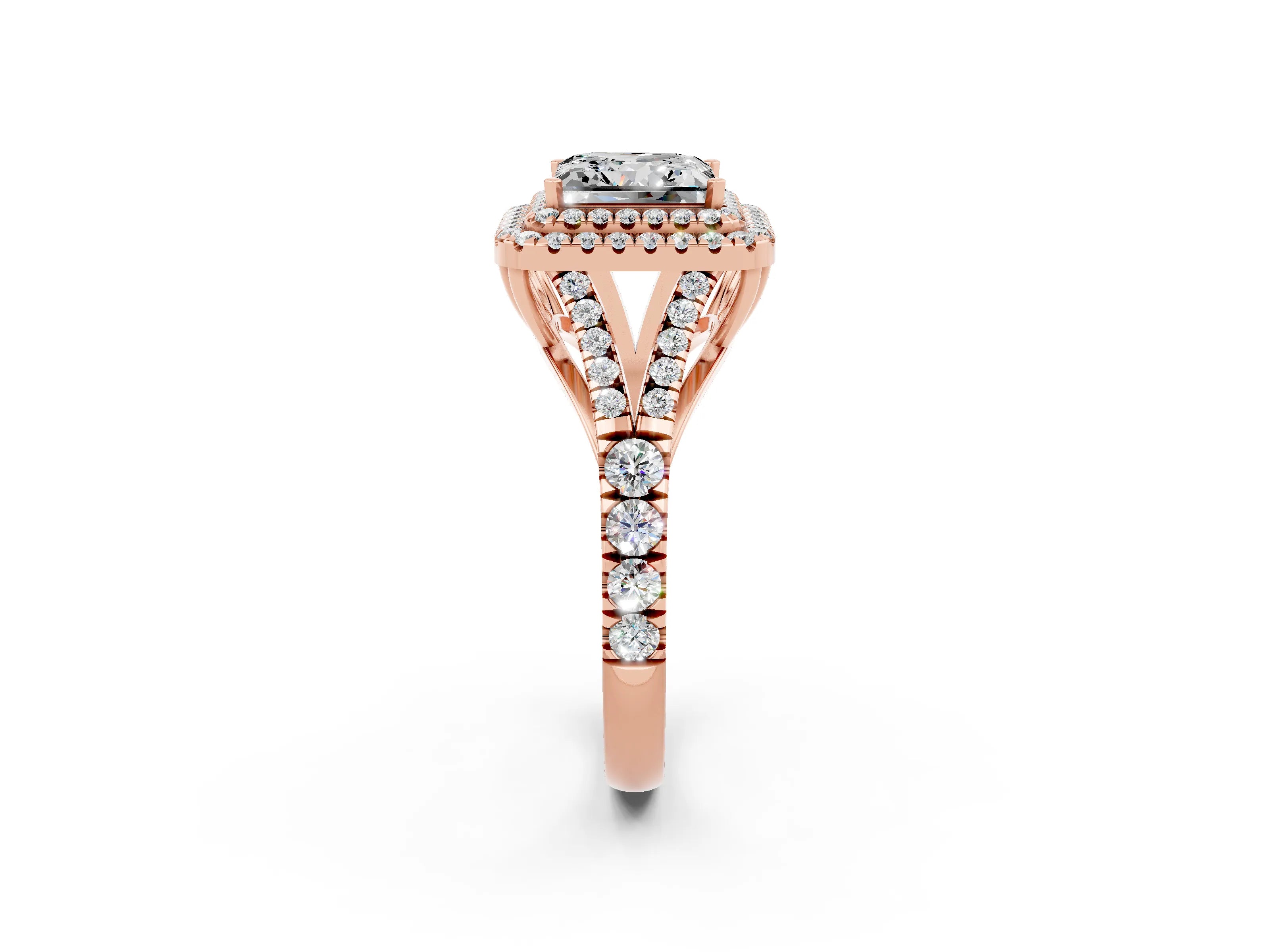 Rose gold Double Halo Princess Cut Moissanite Split Shank Engagement Ring with Four-Prong Setting_2
