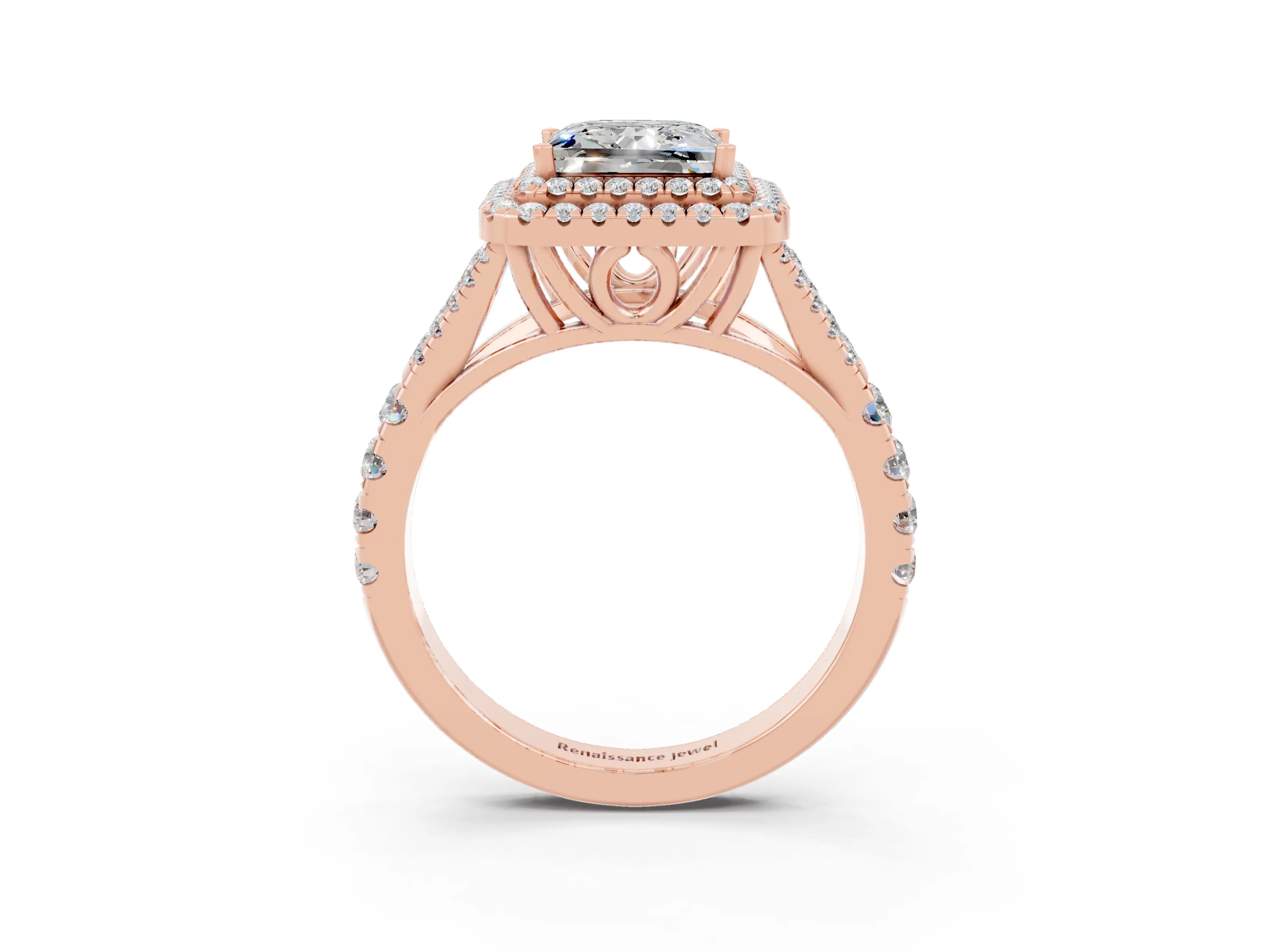 Rose gold Double Halo Princess Cut Moissanite Split Shank Engagement Ring with Four-Prong Setting_3