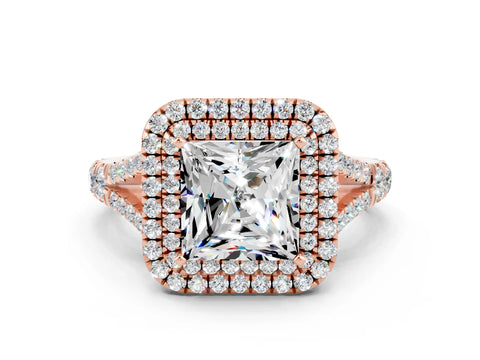 Rose gold Double Halo Princess Cut Moissanite Split Shank Engagement Ring with Four-Prong Setting