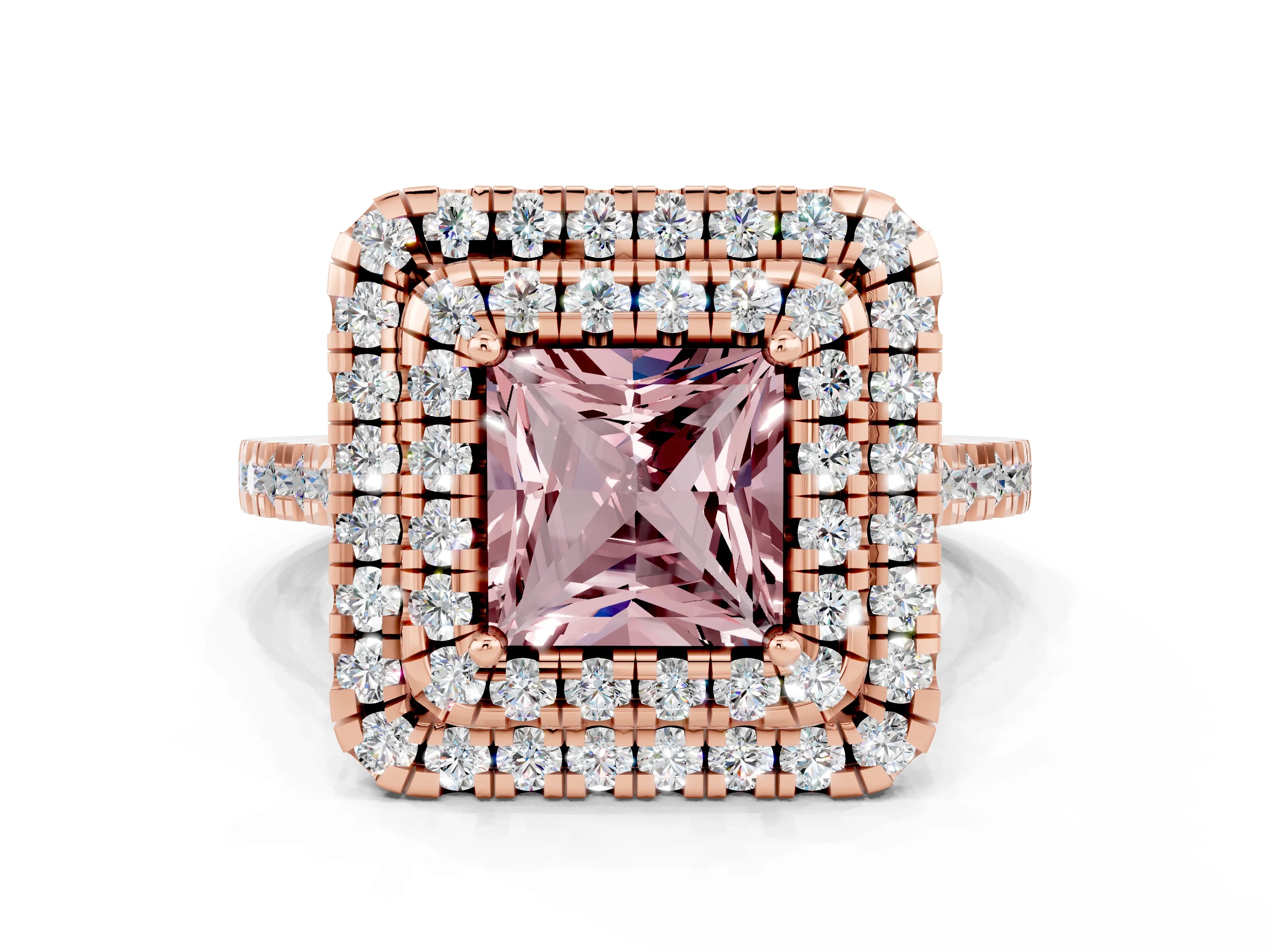 Rose gold Double Halo Princess Cut Morganite Pavé Band with Four-Prong Setting