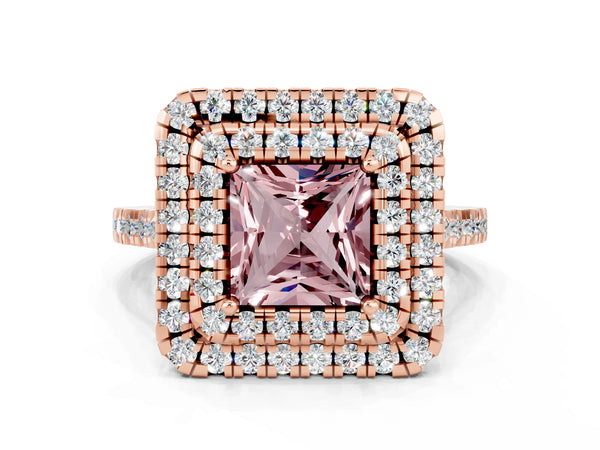 Rose gold Double Halo Princess Cut Morganite Pavé Band with Four-Prong Setting