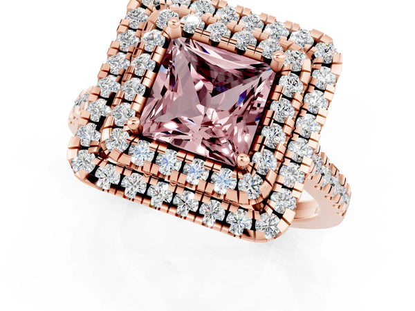 Rose gold Double Halo Princess Cut Morganite Pavé Band with Four-Prong Setting