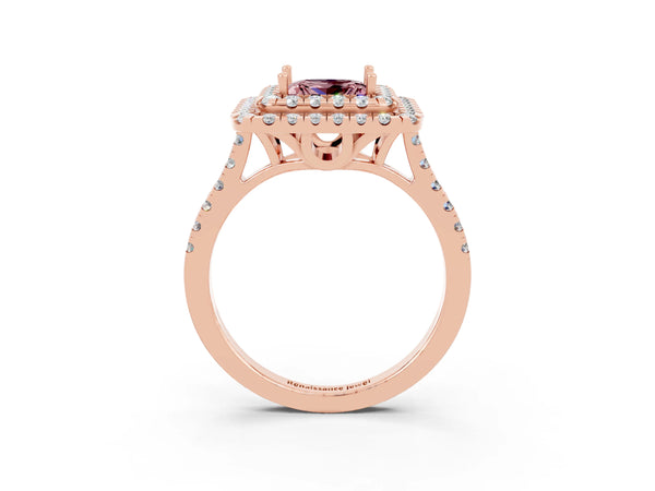 Rose gold Double Halo Princess Cut Morganite Pavé Band with Four-Prong Setting