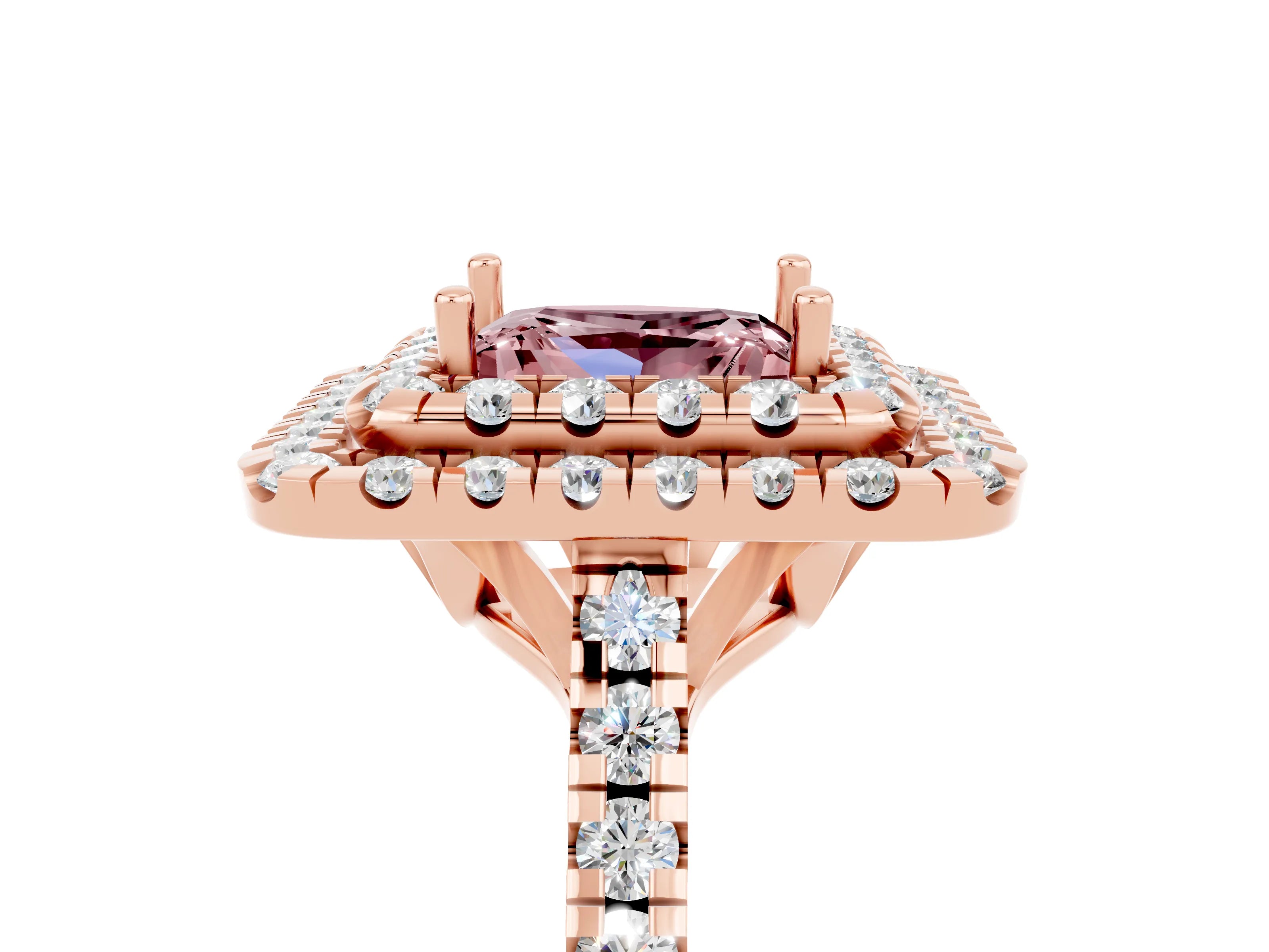 Rose gold Double Halo Princess Cut Morganite Pavé Band with Four-Prong Setting_5