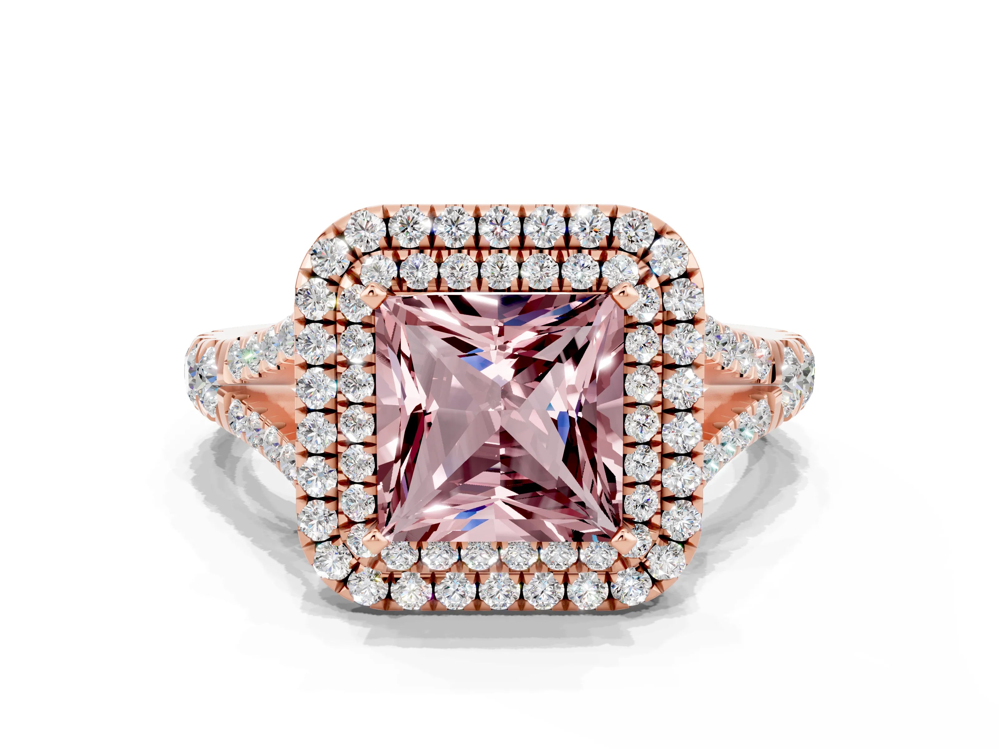 Rose gold Double Halo Princess Cut Morganite Pavé Split Shank Ring with Prong Setting
