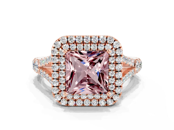 Rose gold Double Halo Princess Cut Morganite Pavé Split Shank Ring with Prong Setting
