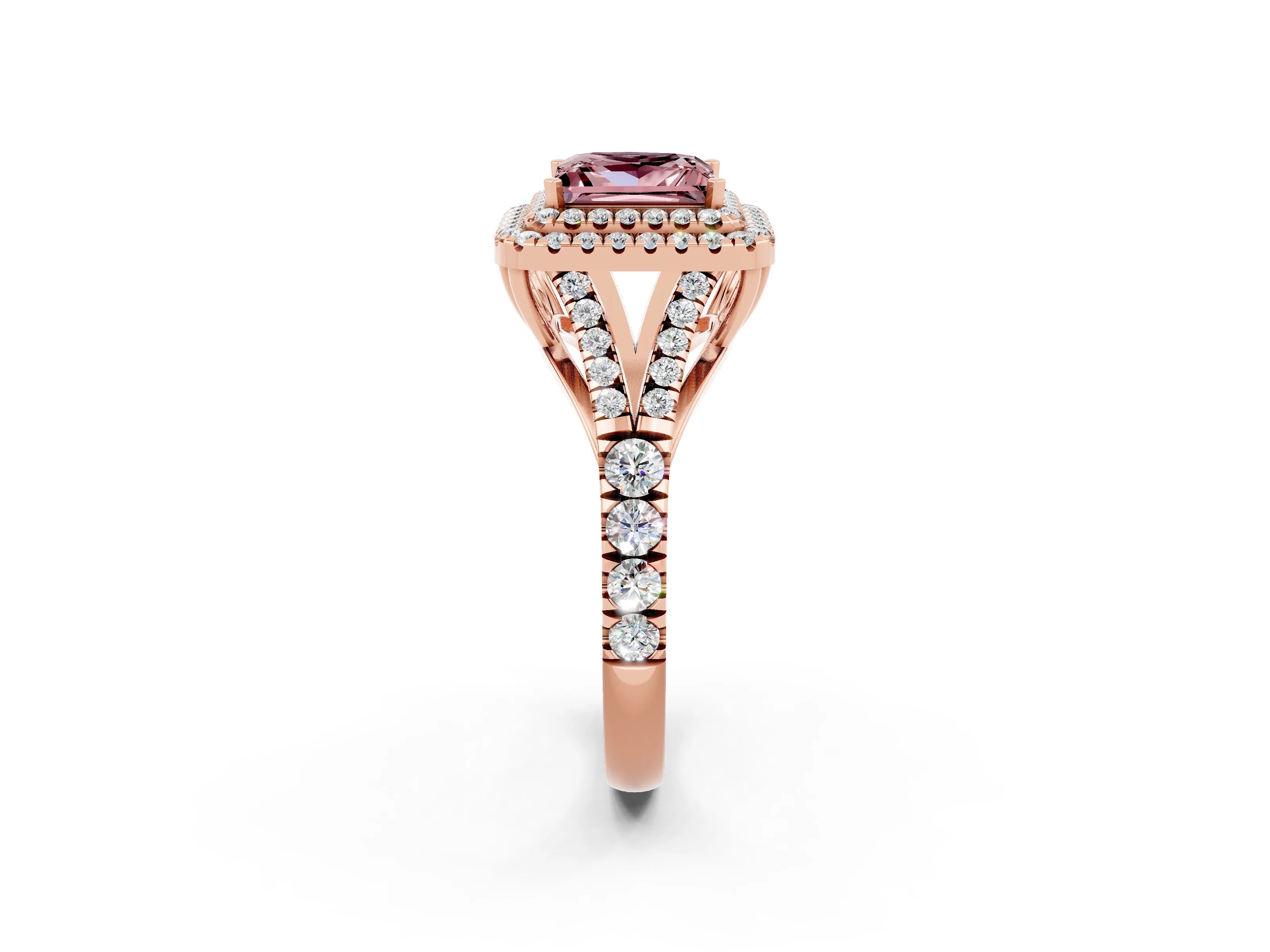Rose gold Double Halo Princess Cut Morganite Pavé Split Shank Ring with Prong Setting_2