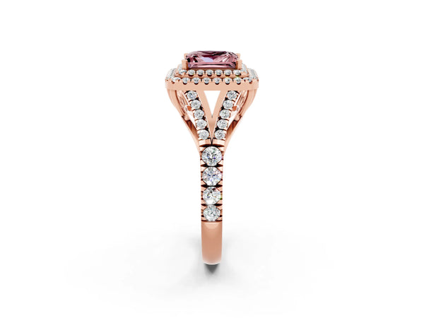 Rose gold Double Halo Princess Cut Morganite Pavé Split Shank Ring with Prong Setting