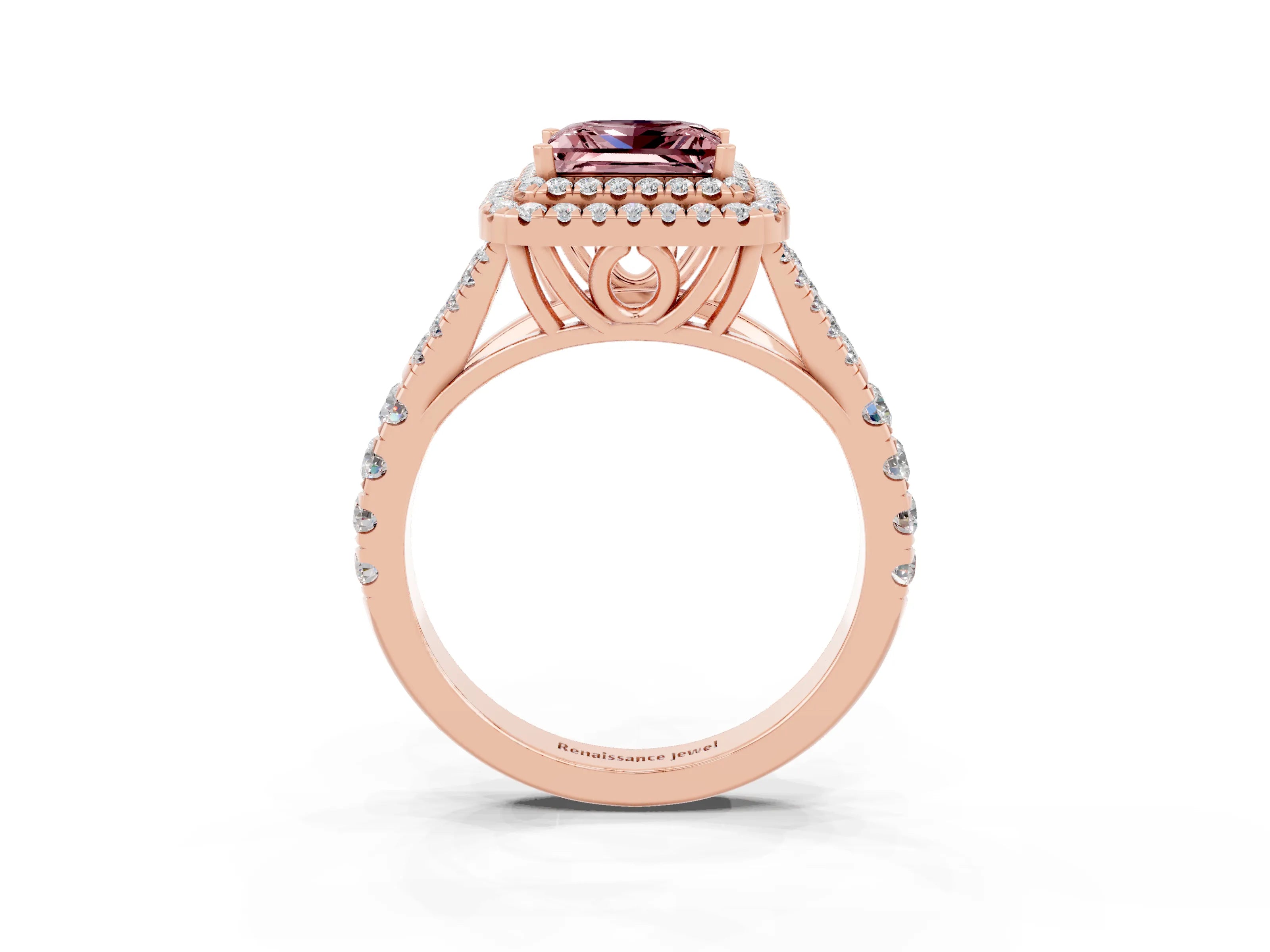 Rose gold Double Halo Princess Cut Morganite Pavé Split Shank Ring with Prong Setting_3
