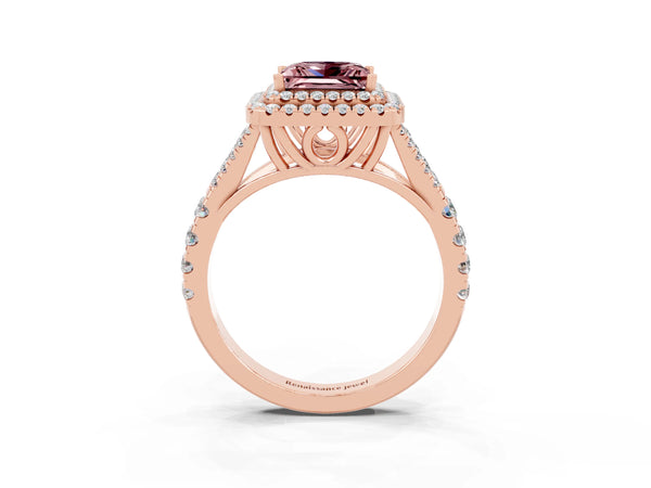 Rose gold Double Halo Princess Cut Morganite Pavé Split Shank Ring with Prong Setting