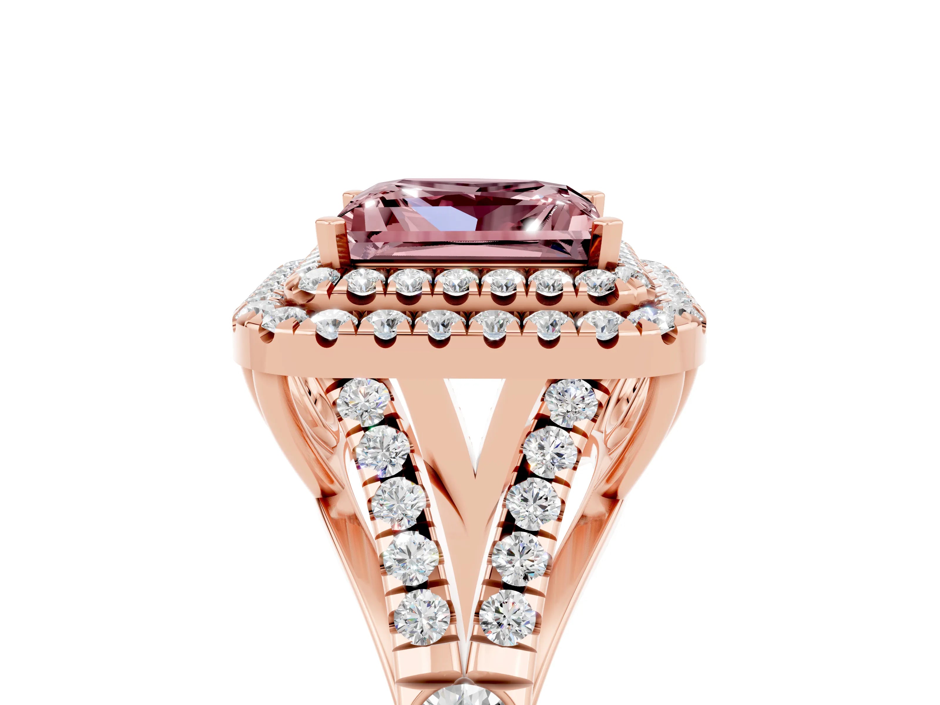 Rose gold Double Halo Princess Cut Morganite Pavé Split Shank Ring with Prong Setting_5