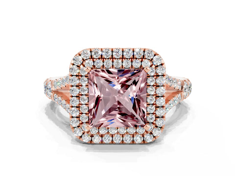 Rose gold Double Halo Princess Cut Morganite Pavé Split Shank Ring with Prong Setting