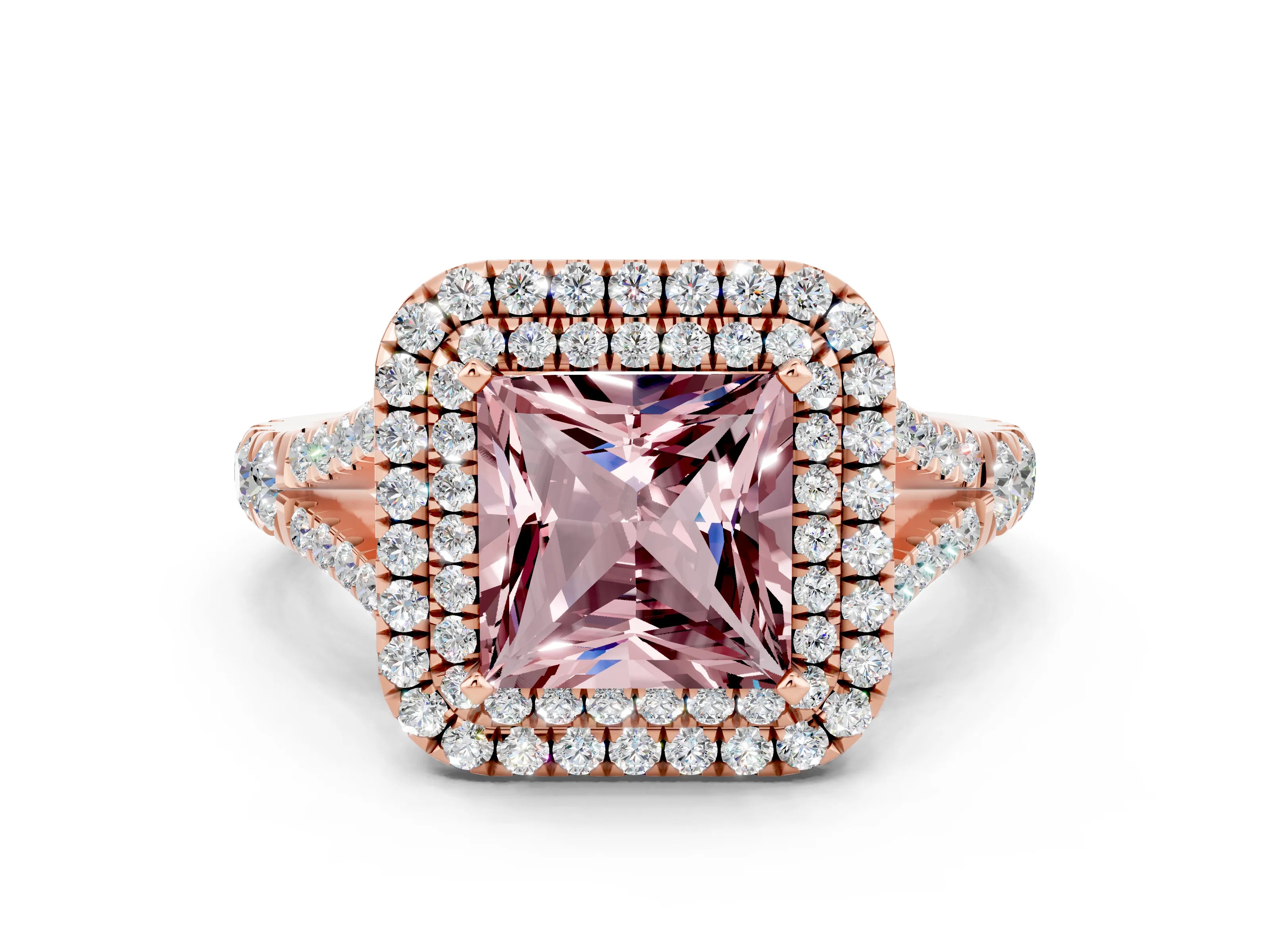 Rose gold Double Halo Princess Cut Morganite Split Shank Engagement Ring with Four-Prong Setting