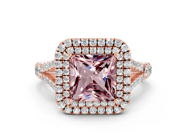 Rose gold Double Halo Princess Cut Morganite Split Shank Engagement Ring with Four-Prong Setting