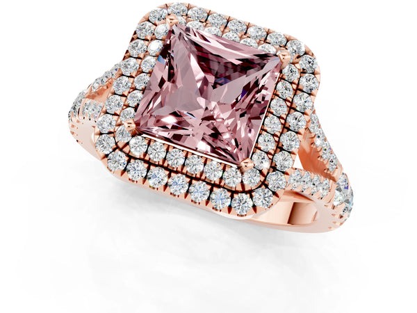 Rose gold Double Halo Princess Cut Morganite Split Shank Engagement Ring with Four-Prong Setting