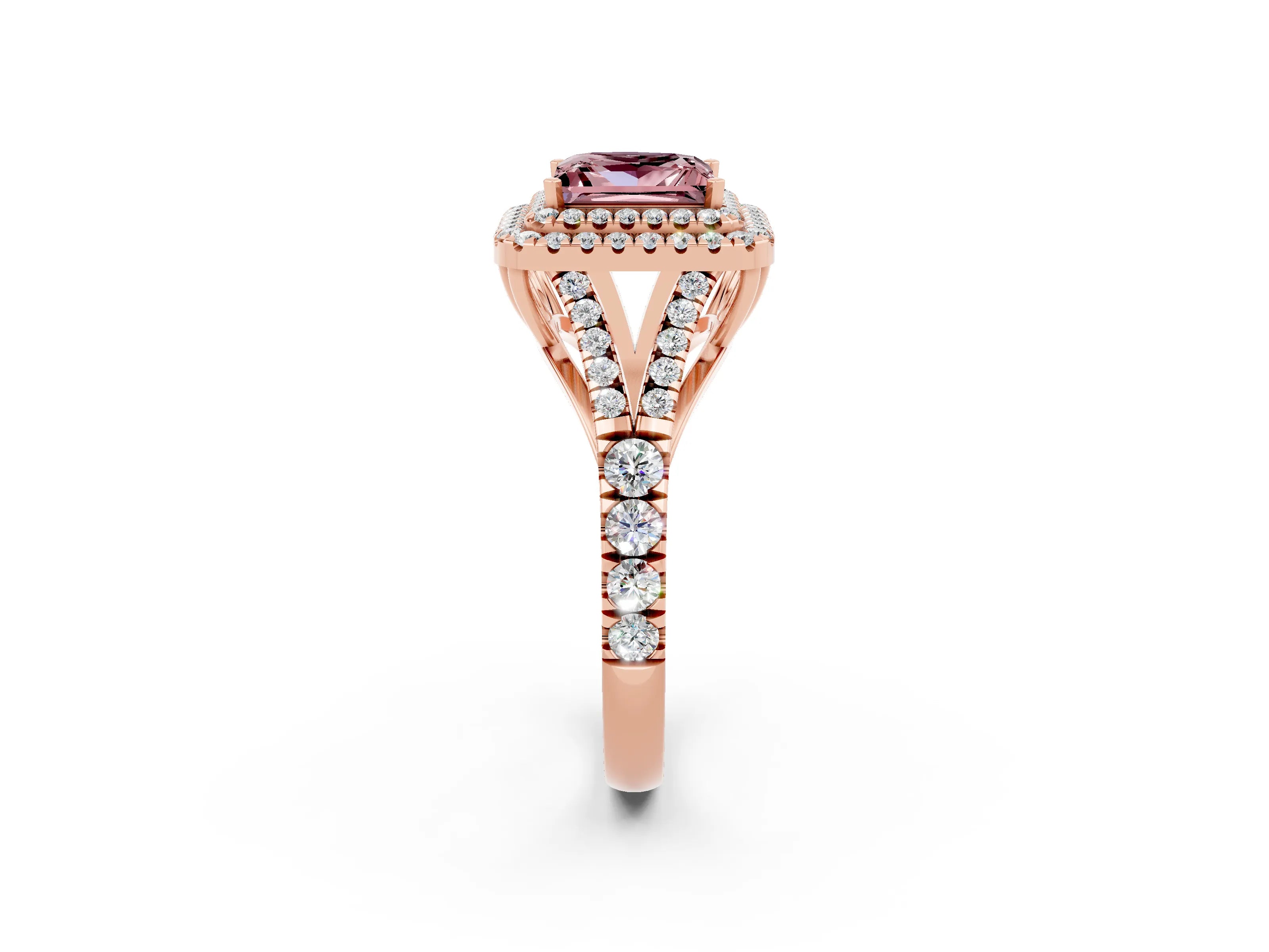 Rose gold Double Halo Princess Cut Morganite Split Shank Engagement Ring with Four-Prong Setting_2