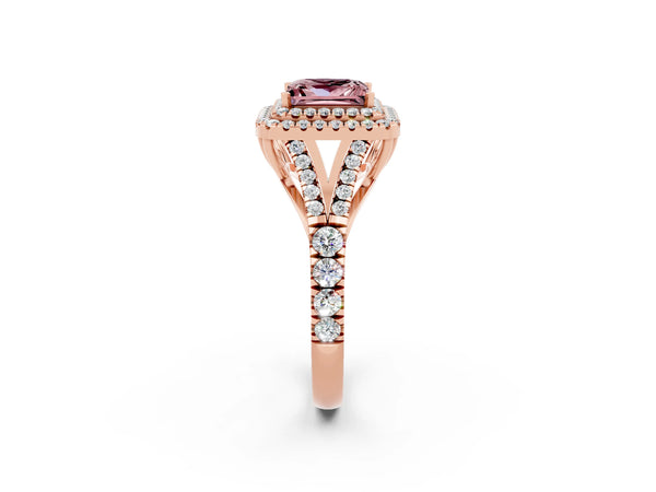 Rose gold Double Halo Princess Cut Morganite Split Shank Engagement Ring with Four-Prong Setting