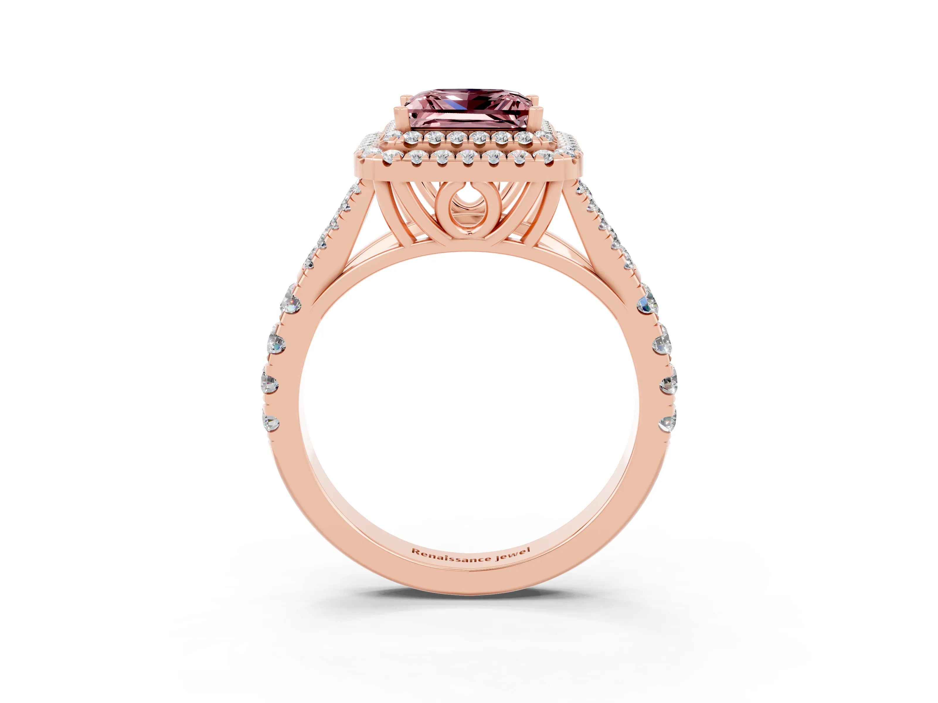 Rose gold Double Halo Princess Cut Morganite Split Shank Engagement Ring with Four-Prong Setting_3
