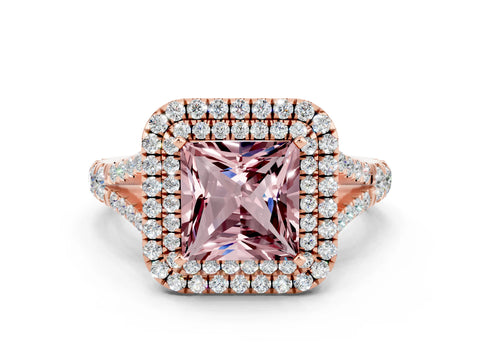 Rose gold Double Halo Princess Cut Morganite Split Shank Engagement Ring with Four-Prong Setting