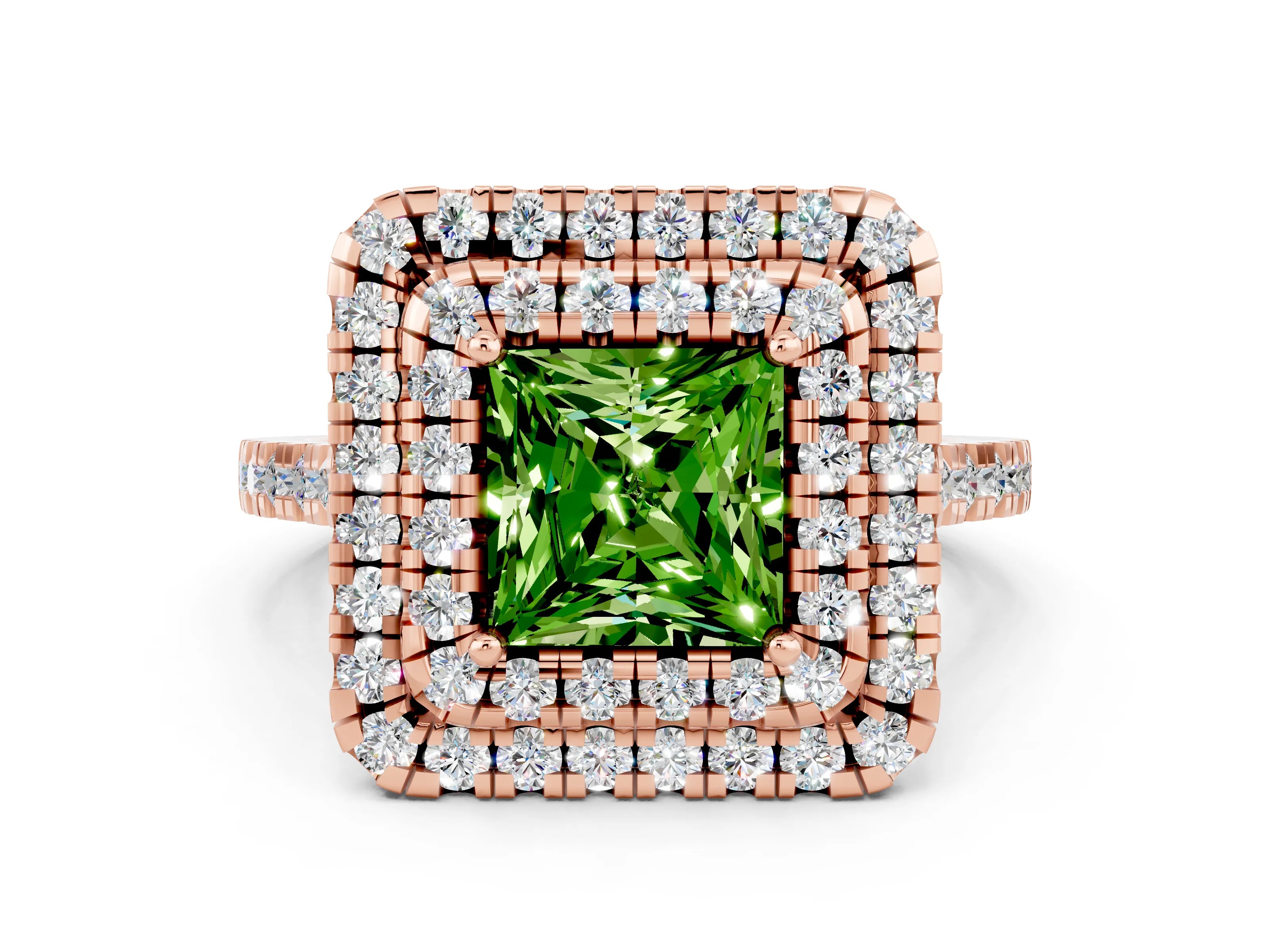 Rose gold Double Halo Princess Cut Peridot Pavé Band with Four-Prong Setting