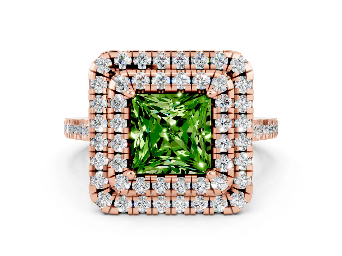 Rose gold Double Halo Princess Cut Peridot Pavé Band with Four-Prong Setting