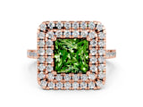 Rose gold Double Halo Princess Cut Peridot Pavé Band with Four-Prong Setting