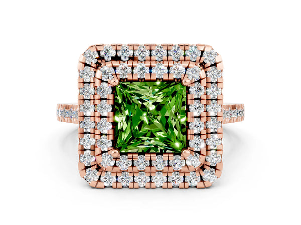 Rose gold Double Halo Princess Cut Peridot Pavé Band with Four-Prong Setting